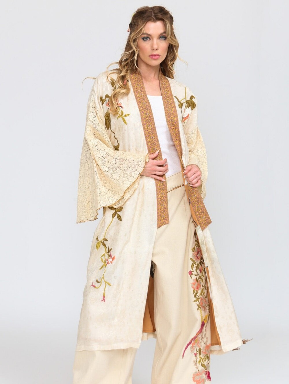 Cream Embroidered Kimono Robe - My Beauty Topper